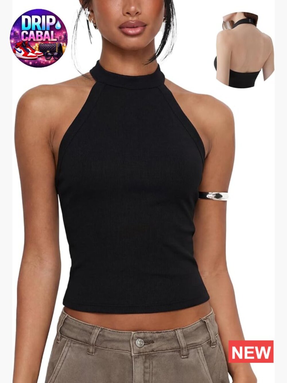 Halter Neck Tank Top Padded Cotton Ribbed High Neck Backless